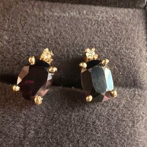 14k oval dark red gemstone earrings with diamond
